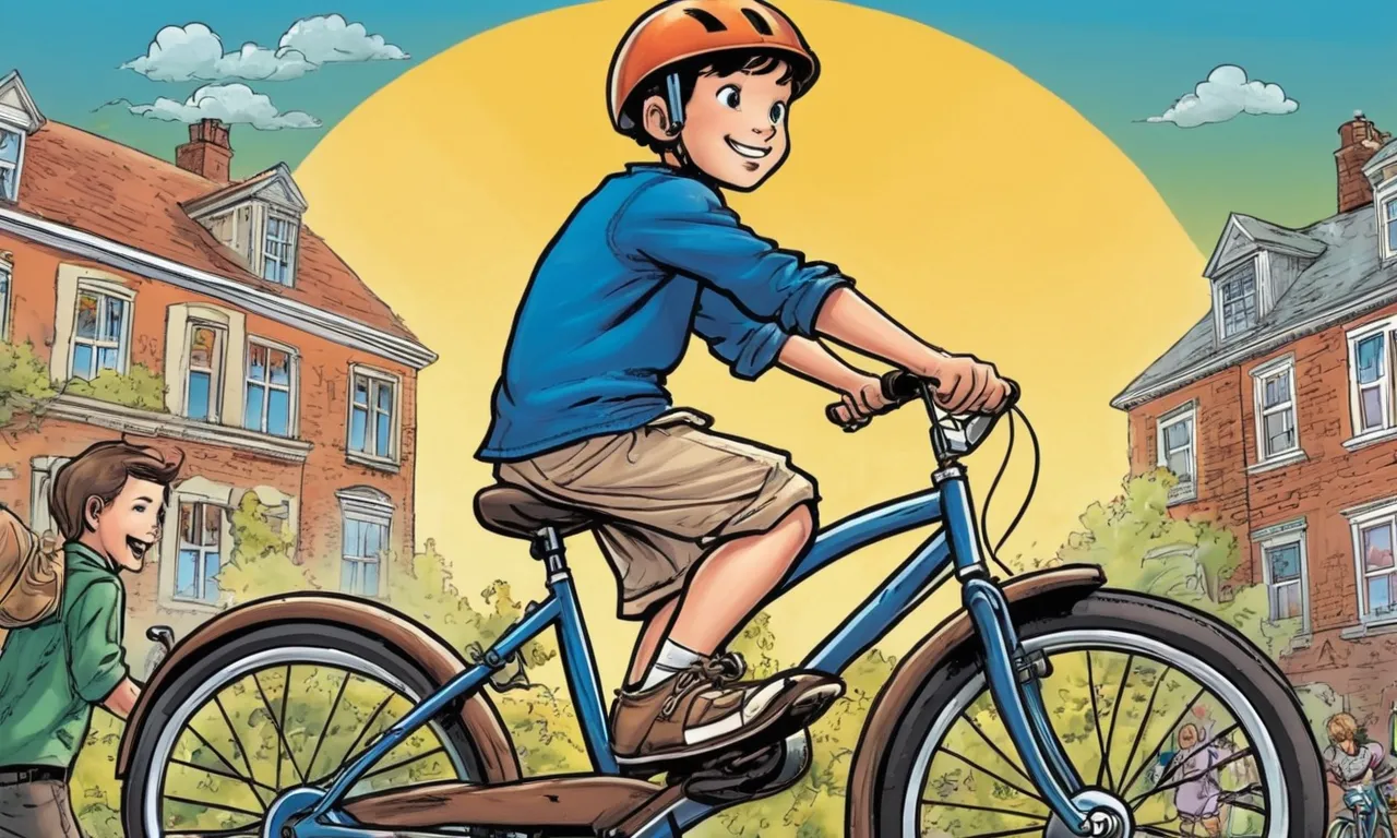 a boy is riding a bike with a helmet on