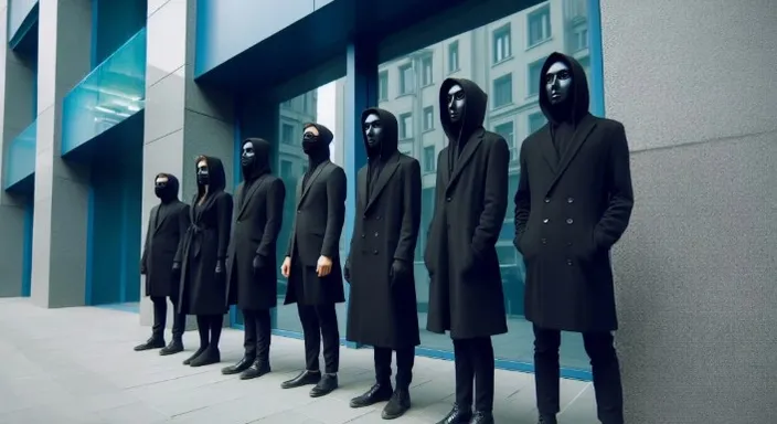 a row of mannequins dressed in black standing in front of a building