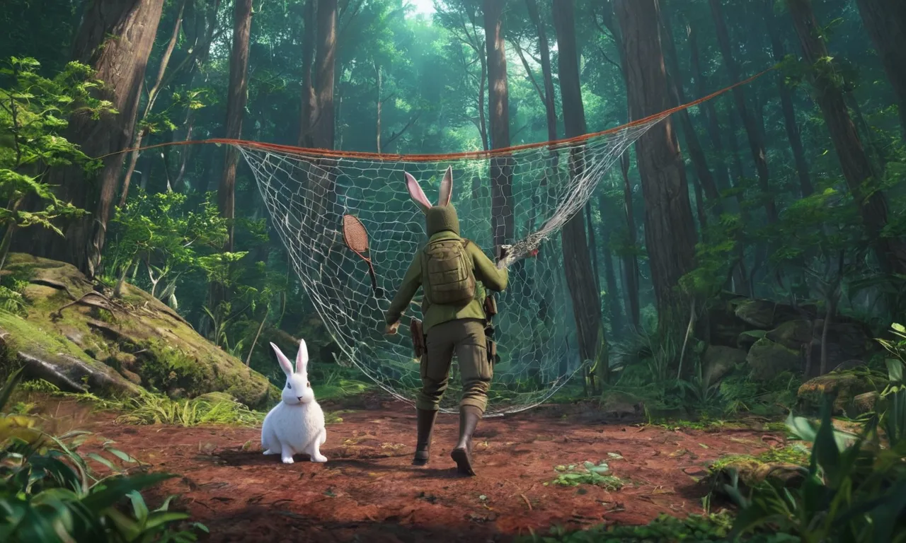 a man in a forest with a rabbit in front of him