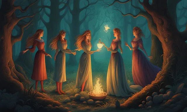 a group of women standing around a fire in a forest