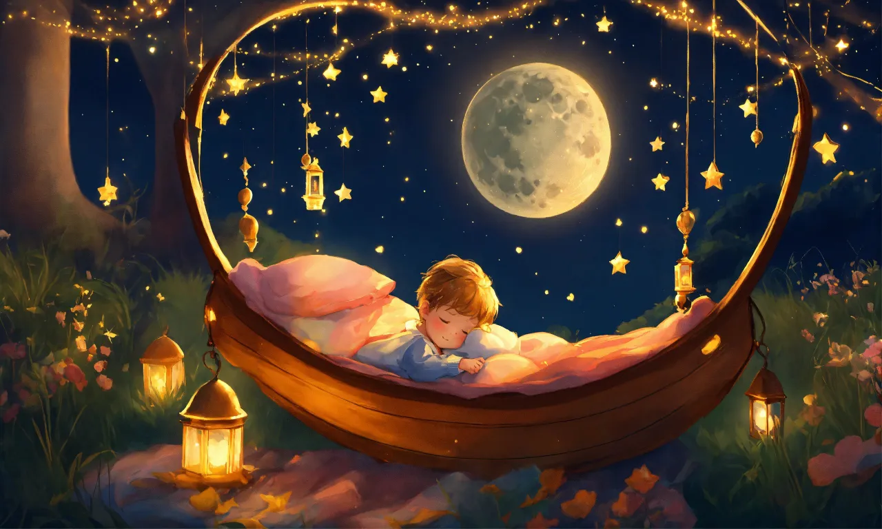 a painting of a little boy laying in a bed under a full moon