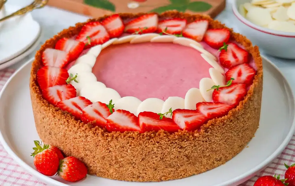 a cake with strawberries on a plate on a table preparation