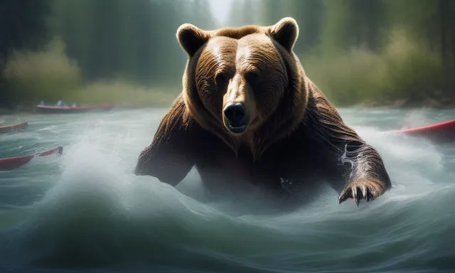 a brown bear swimming in a river with canoes