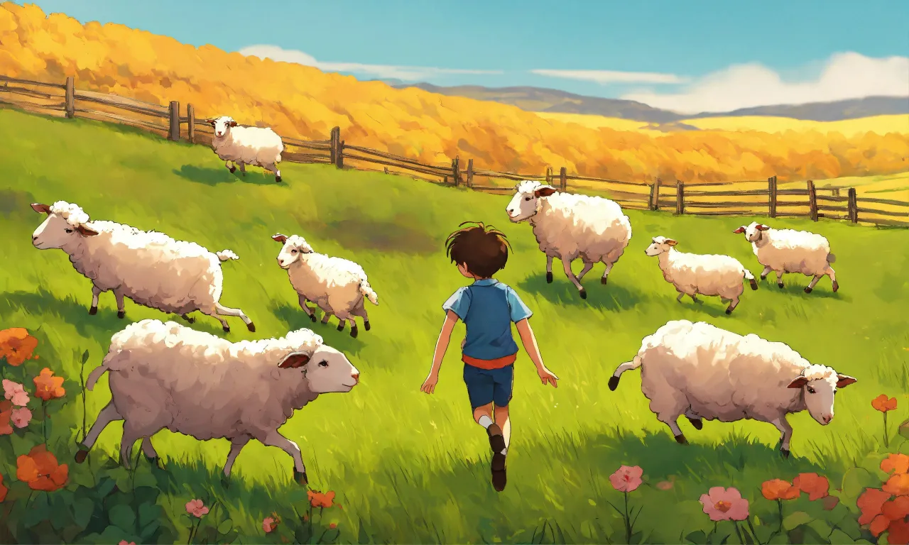 a painting of a boy walking in a field with sheep