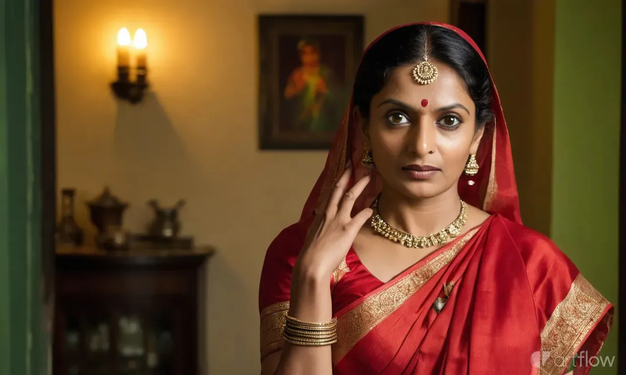 a woman in a red sari There is tension on her face, her eyes are full of doubt and worry