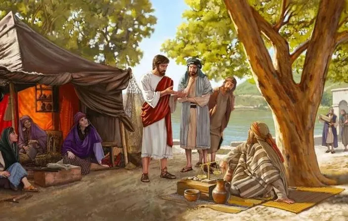 a painting of a group of people standing around a tent