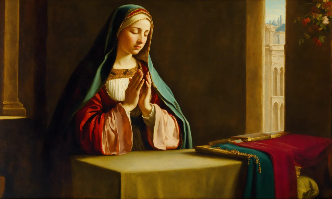 a painting of a woman with her hands together