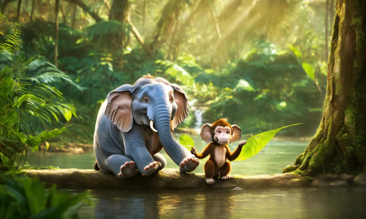 an elephant and a monkey sitting on a log in the jungle