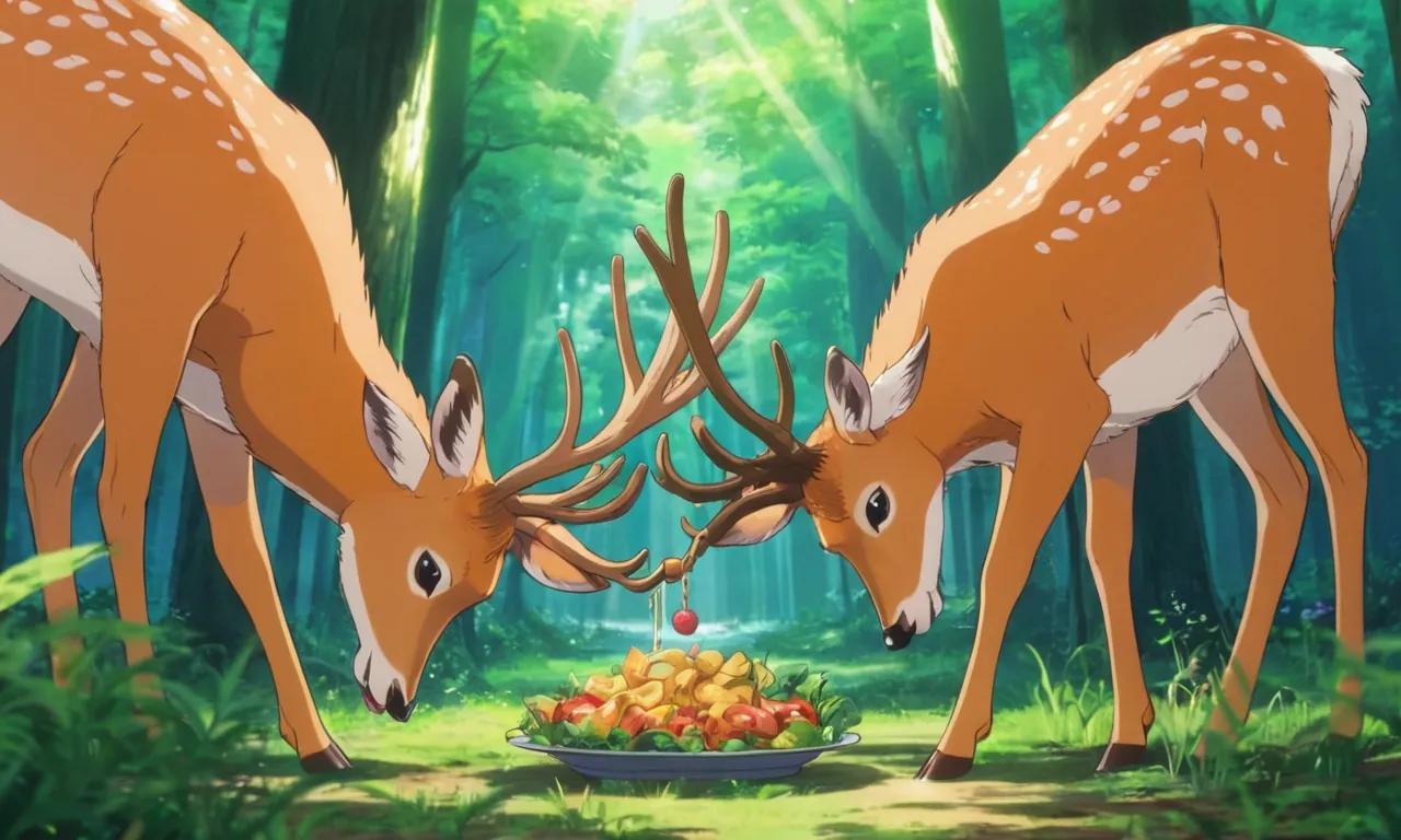 a couple of deer standing next to each other in a forest