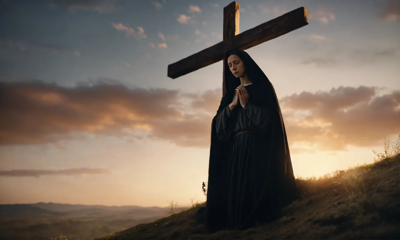 a woman in a black dress standing in front of a cross