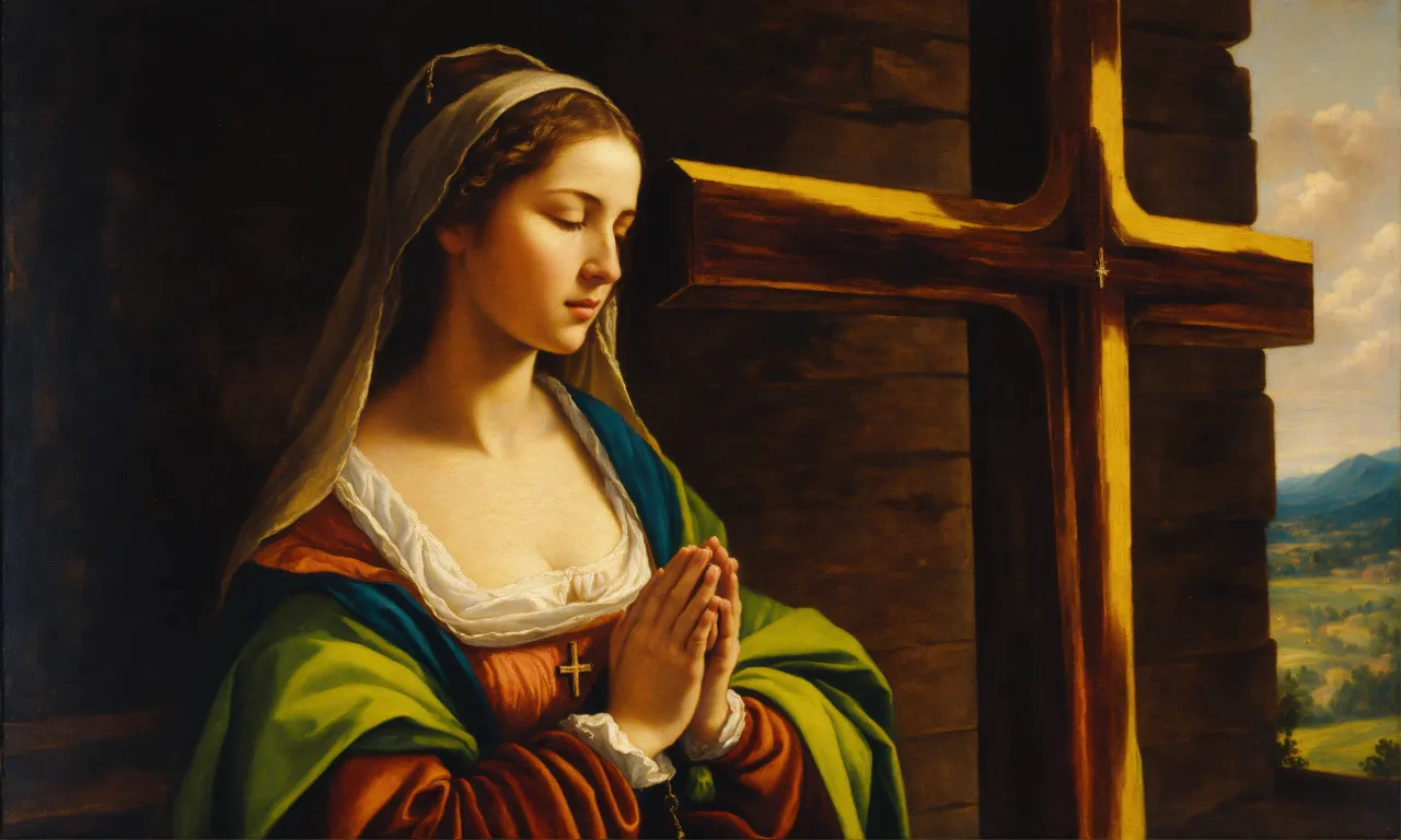 a painting of a woman praying in front of a cross