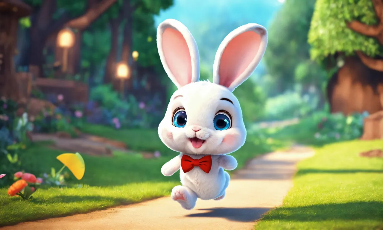 a cartoon bunny running down a path with a red bow tie