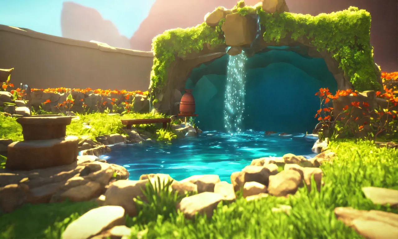 an animated scene of a waterfall in the middle of a garden