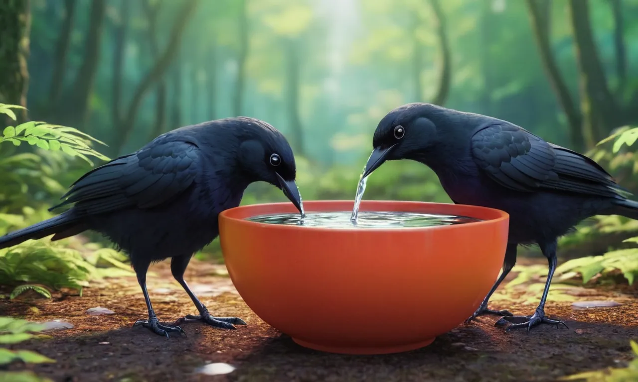 two black birds drinking water out of a bowl