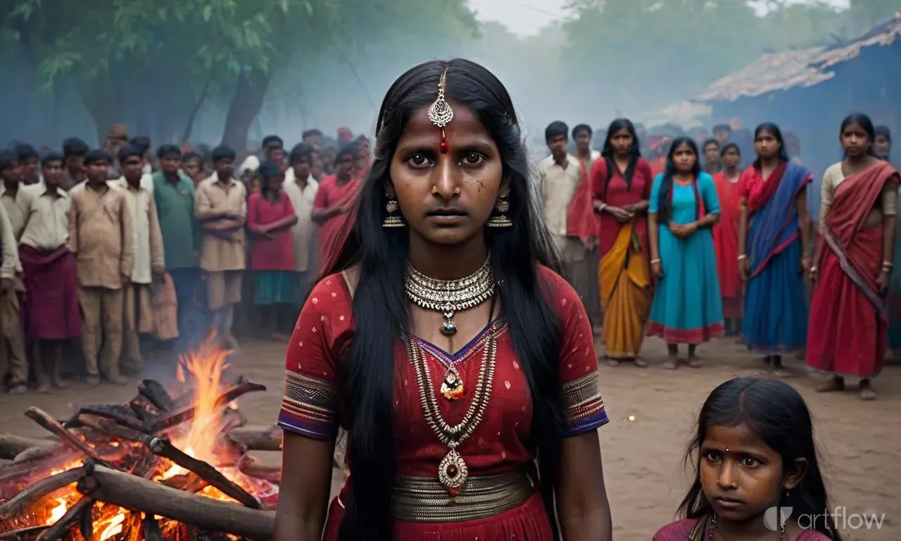 a woman standing next to a fire in front of a group of people