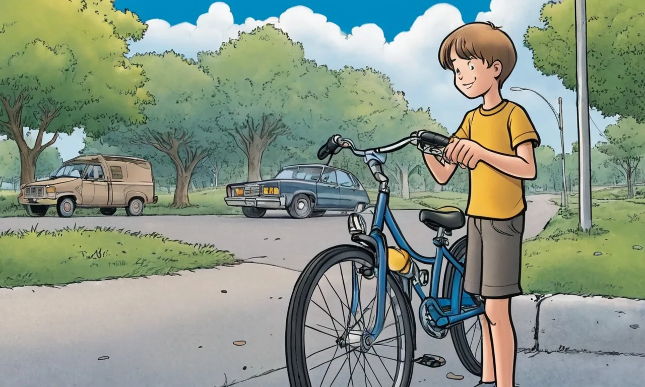 a young boy standing next to a blue bicycle