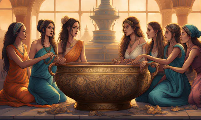 a group of women sitting around a vase