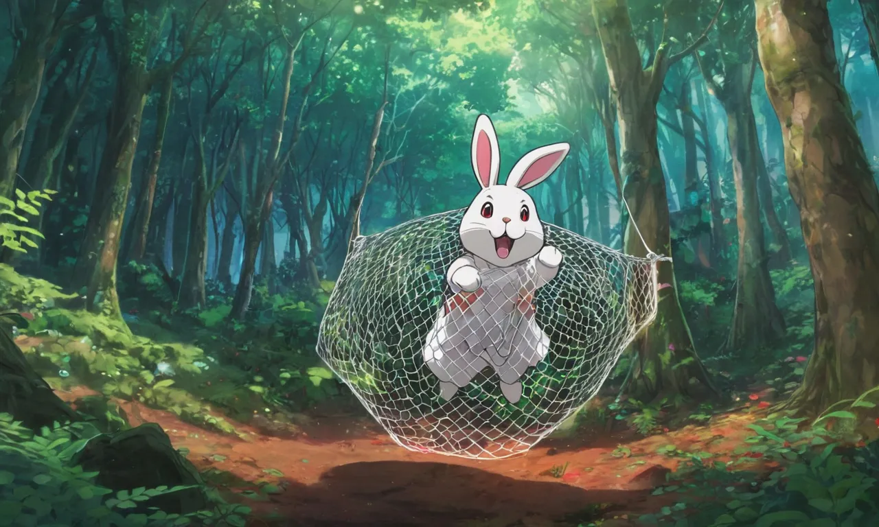 a rabbit is holding a net in the woods