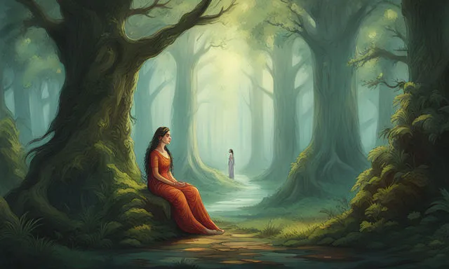 a painting of a woman in a red dress sitting in the middle of a forest