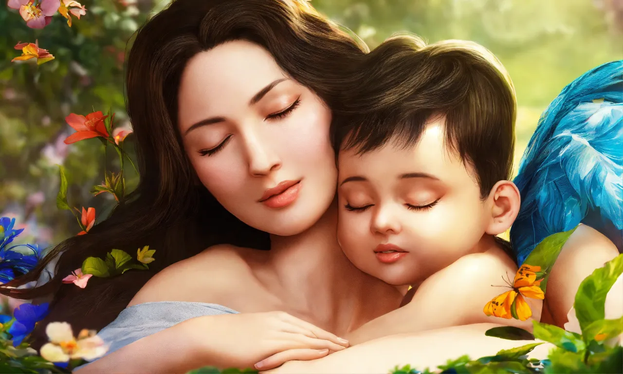 a painting of a woman hugging a child