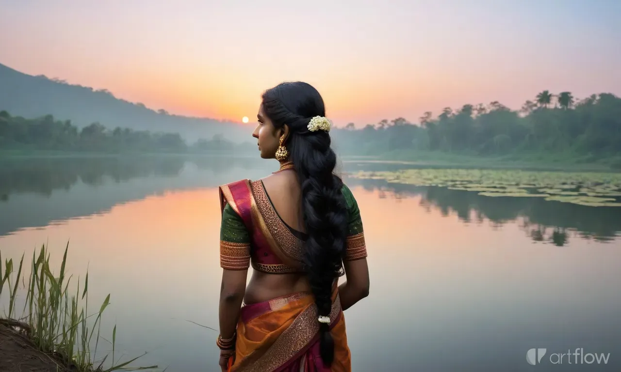 a woman in a sari looking out over a lake