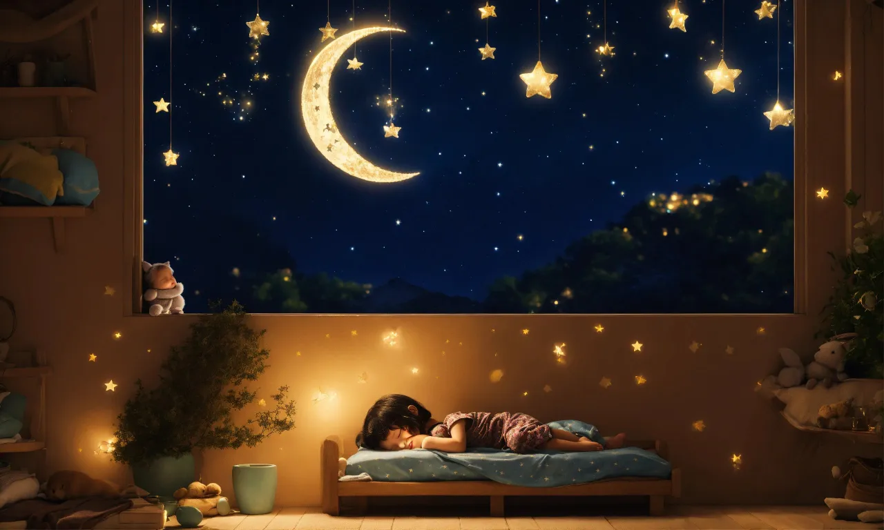 a child is sleeping on a bed under the stars