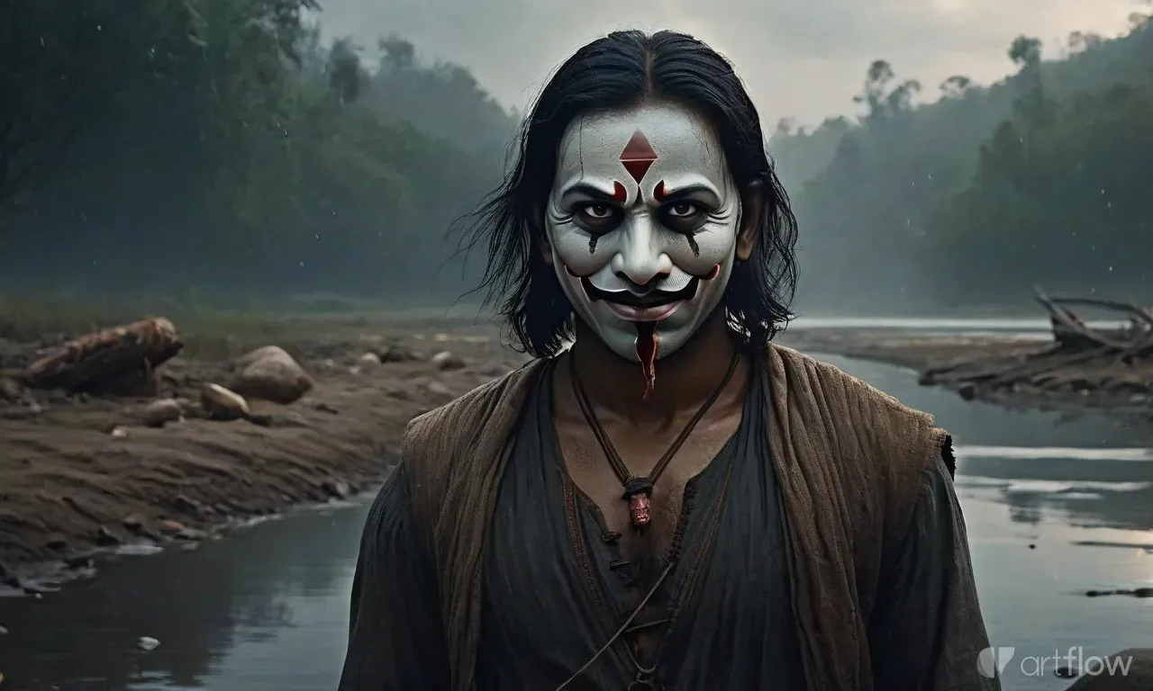 a man with a painted face standing in front of a river