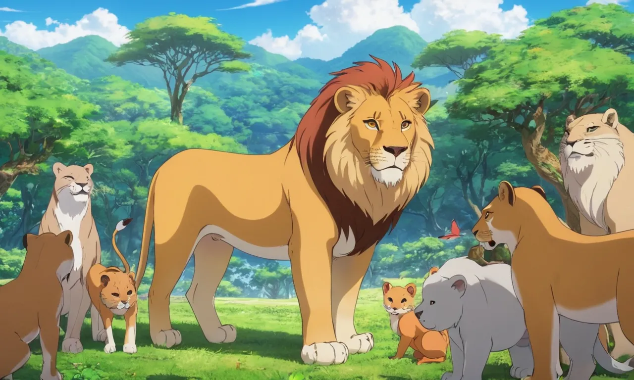 a group of lions standing on top of a lush green field