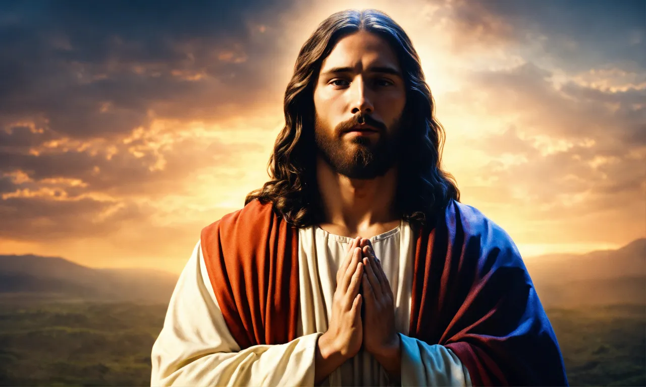 jesus standing in front of a sunset with his hands folded