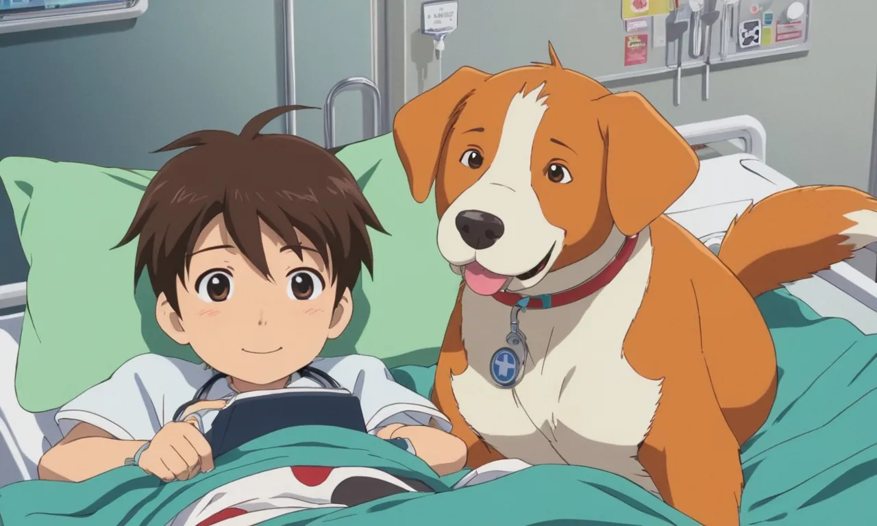 a boy laying in a hospital bed next to a dog