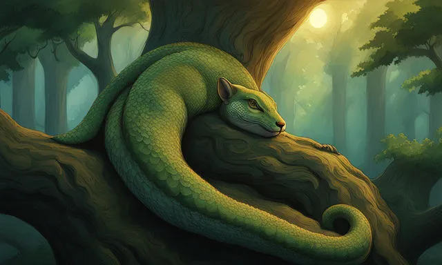 a green snake wrapped around a tree in a forest