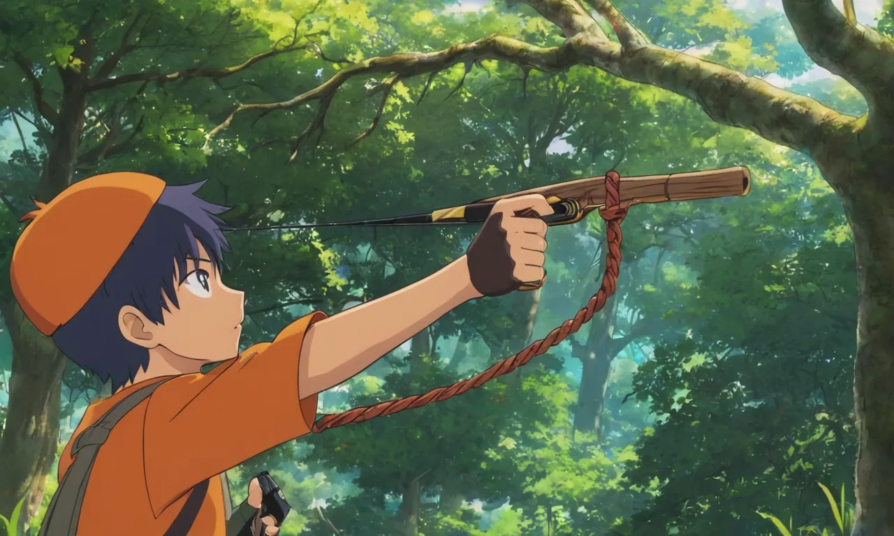 a boy holding a bow and arrow in a forest