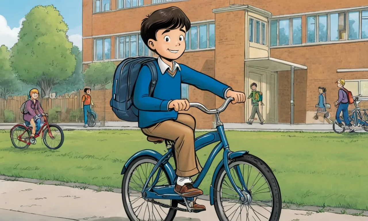 a boy riding a bike in front of a school