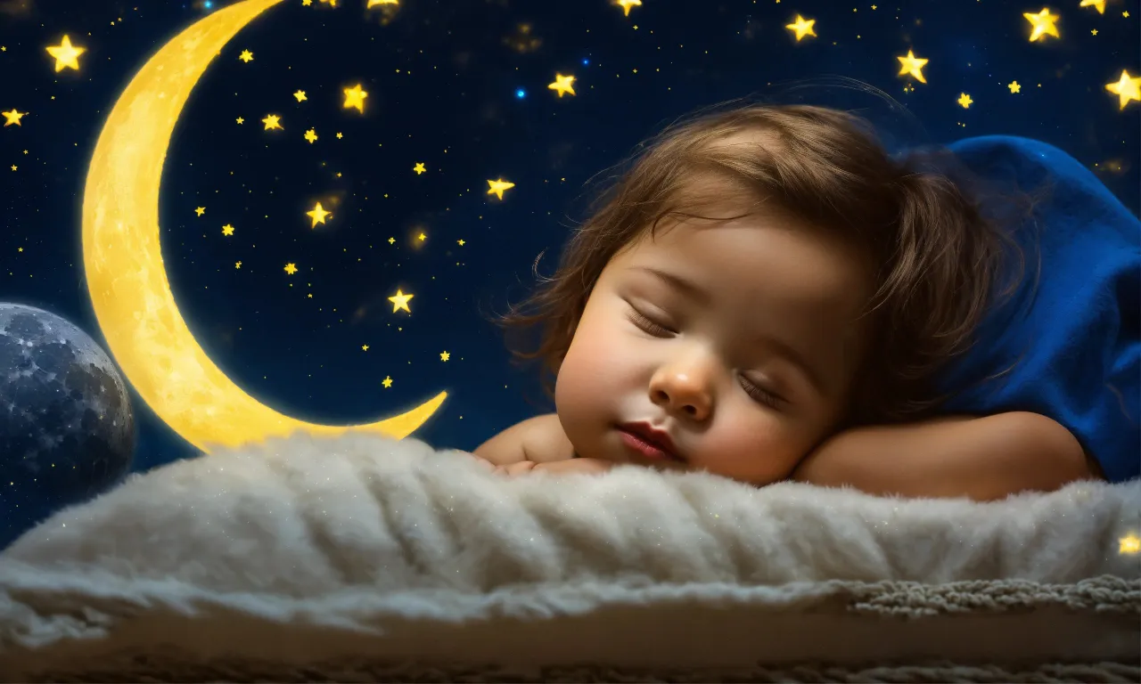 a baby sleeping on a blanket in front of a night sky with stars and a