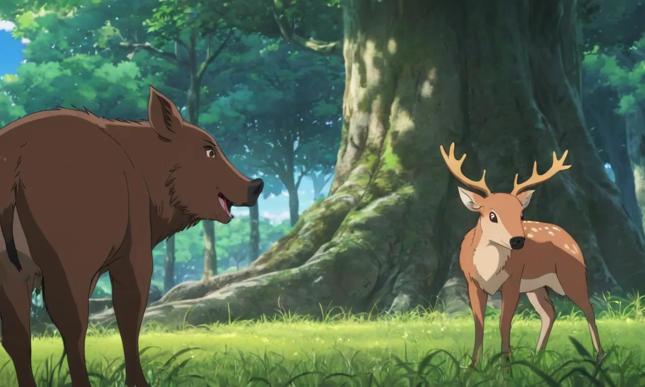 wild boar and deer  standing next to each other in a forest