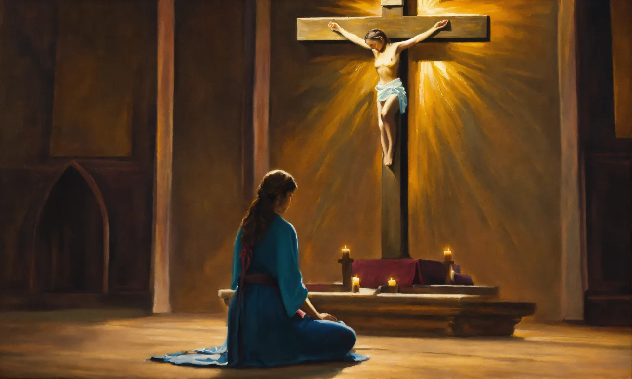 a painting of a woman kneeling in front of a cross