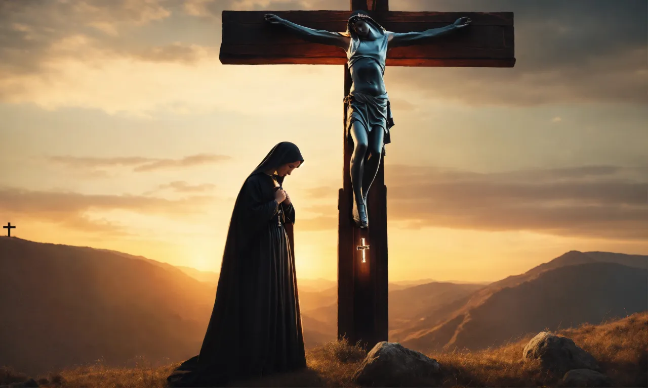 a woman standing in front of a crucifix