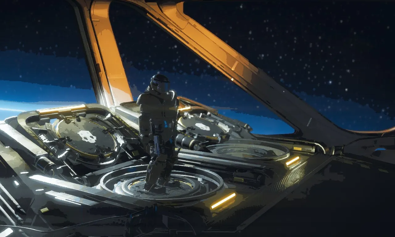 a sci - fi character standing on a platform in a spaceship