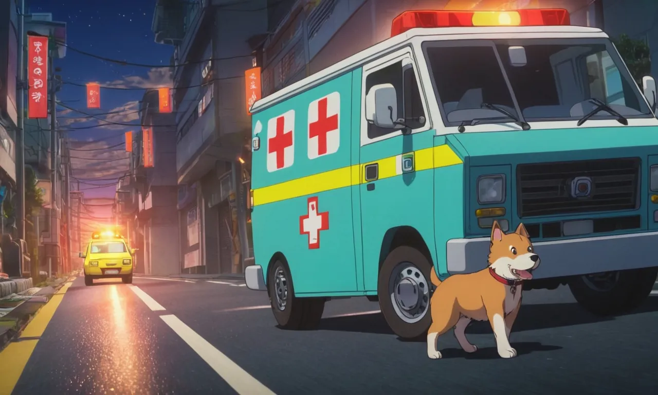 a dog running to an ambulance on a city street