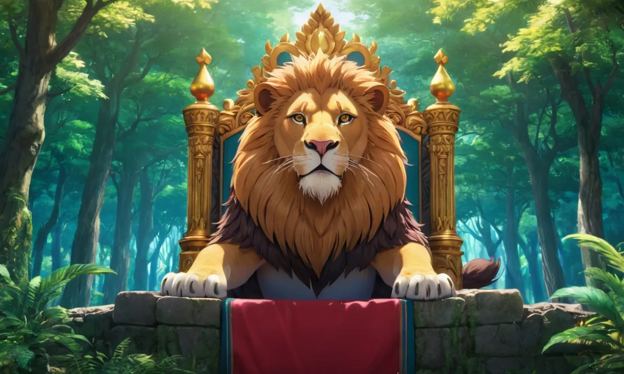 a lion sitting on a throne in the middle of a forest