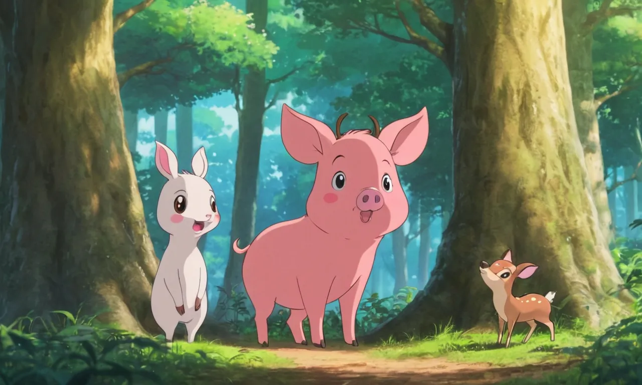 a pig and a deer standing in a forest