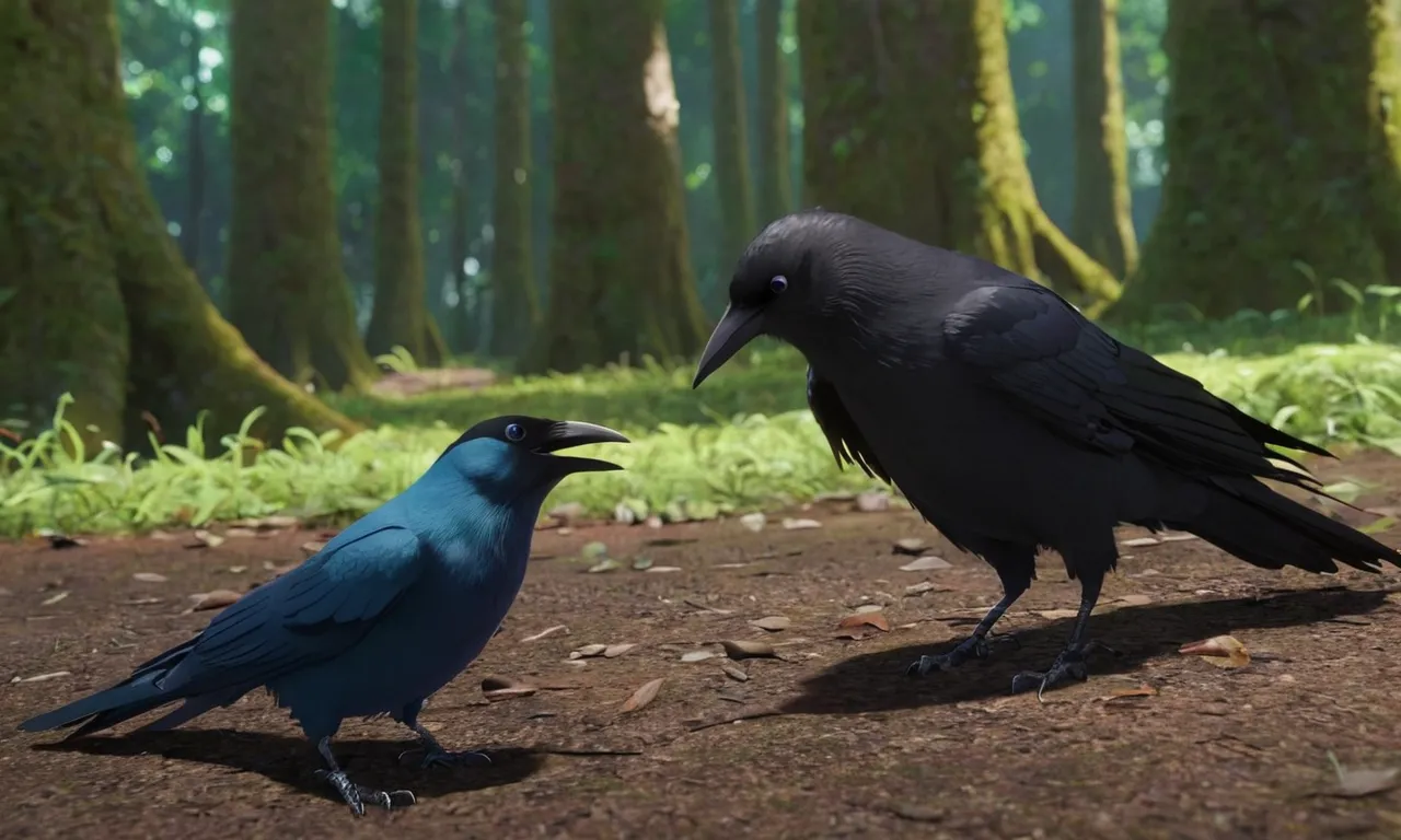 a couple of black birds standing on top of a dirt field