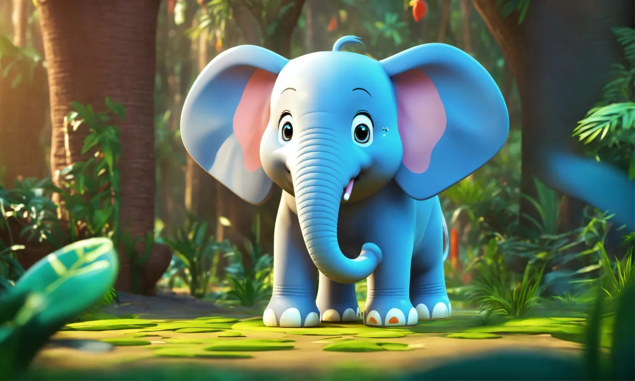 a blue elephant standing in the middle of a jungle