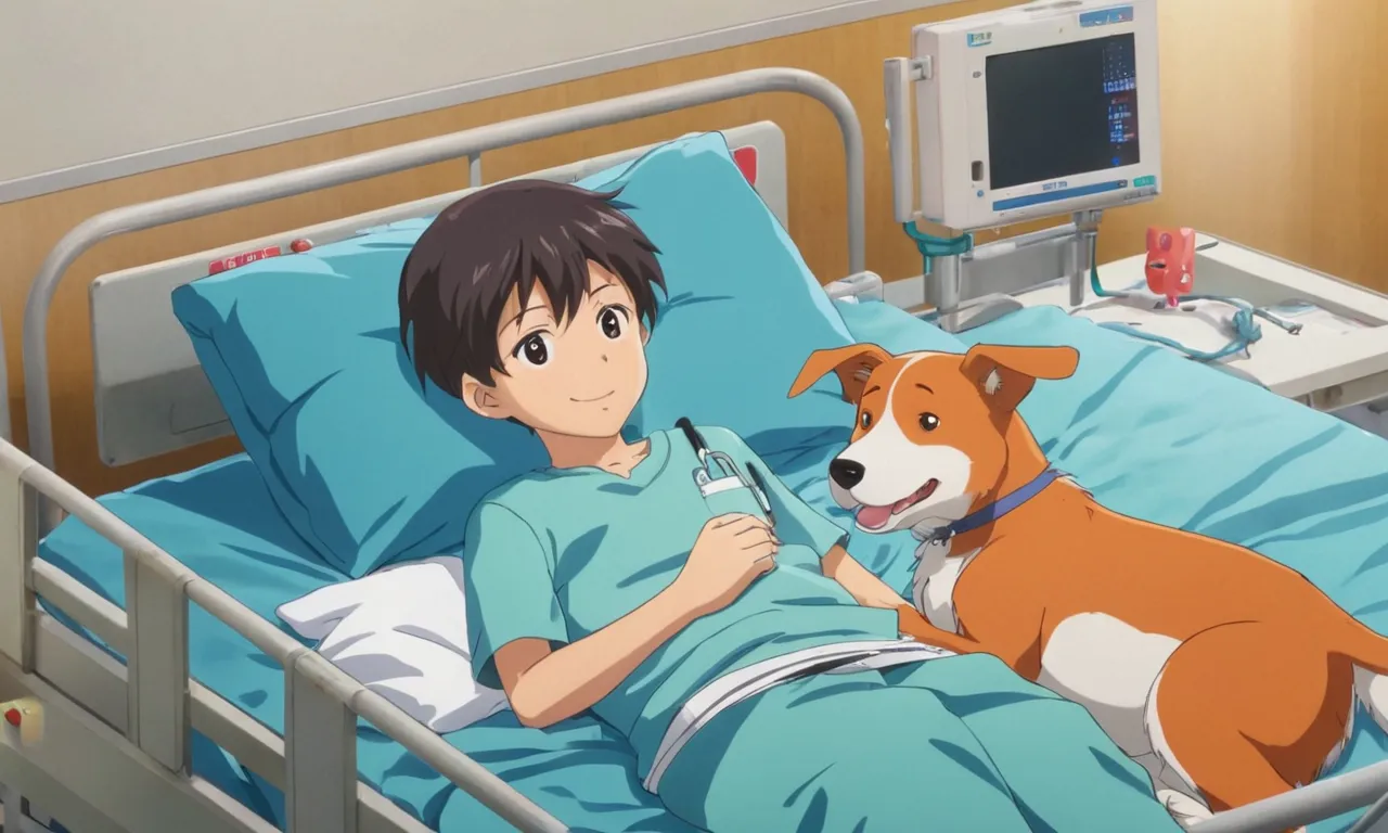 a person laying in a hospital bed with a dog