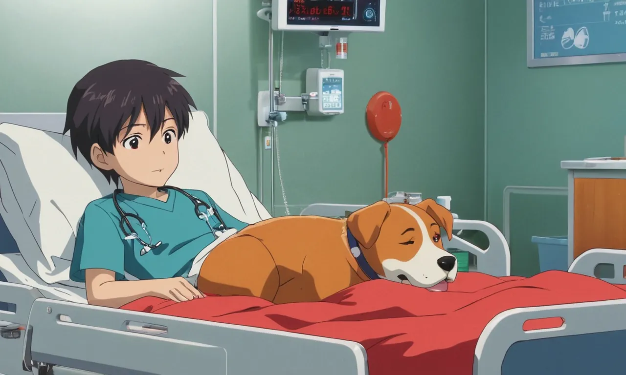 a person laying in a hospital bed with a dog