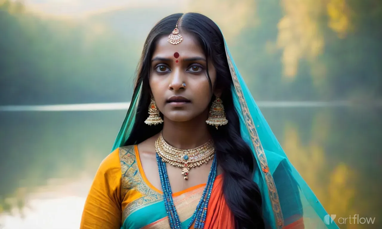 a woman in a sari and jewelry looks into the distance