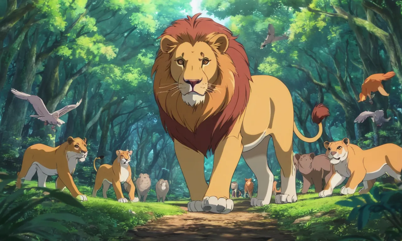 a group of lions standing in the middle of a forest