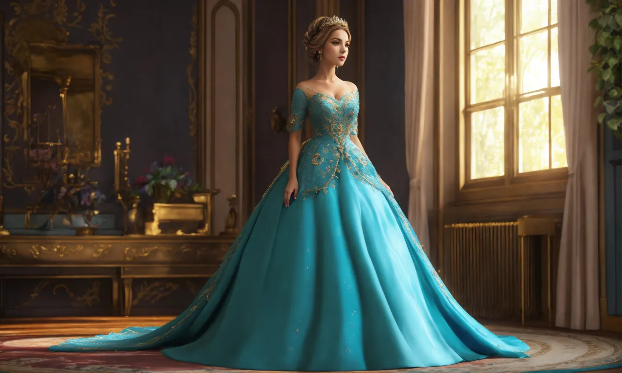 a woman in a blue gown standing in a room