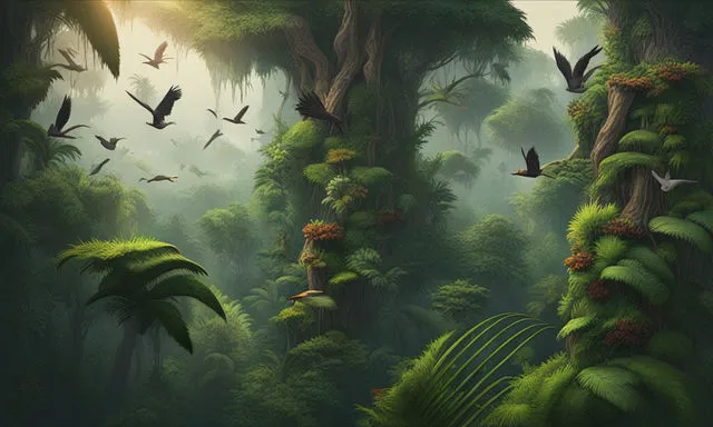 a painting of birds flying over a lush green forest