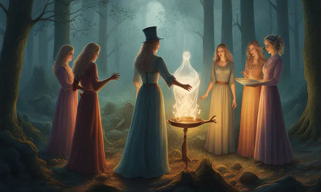 a group of women standing around a fire in a forest